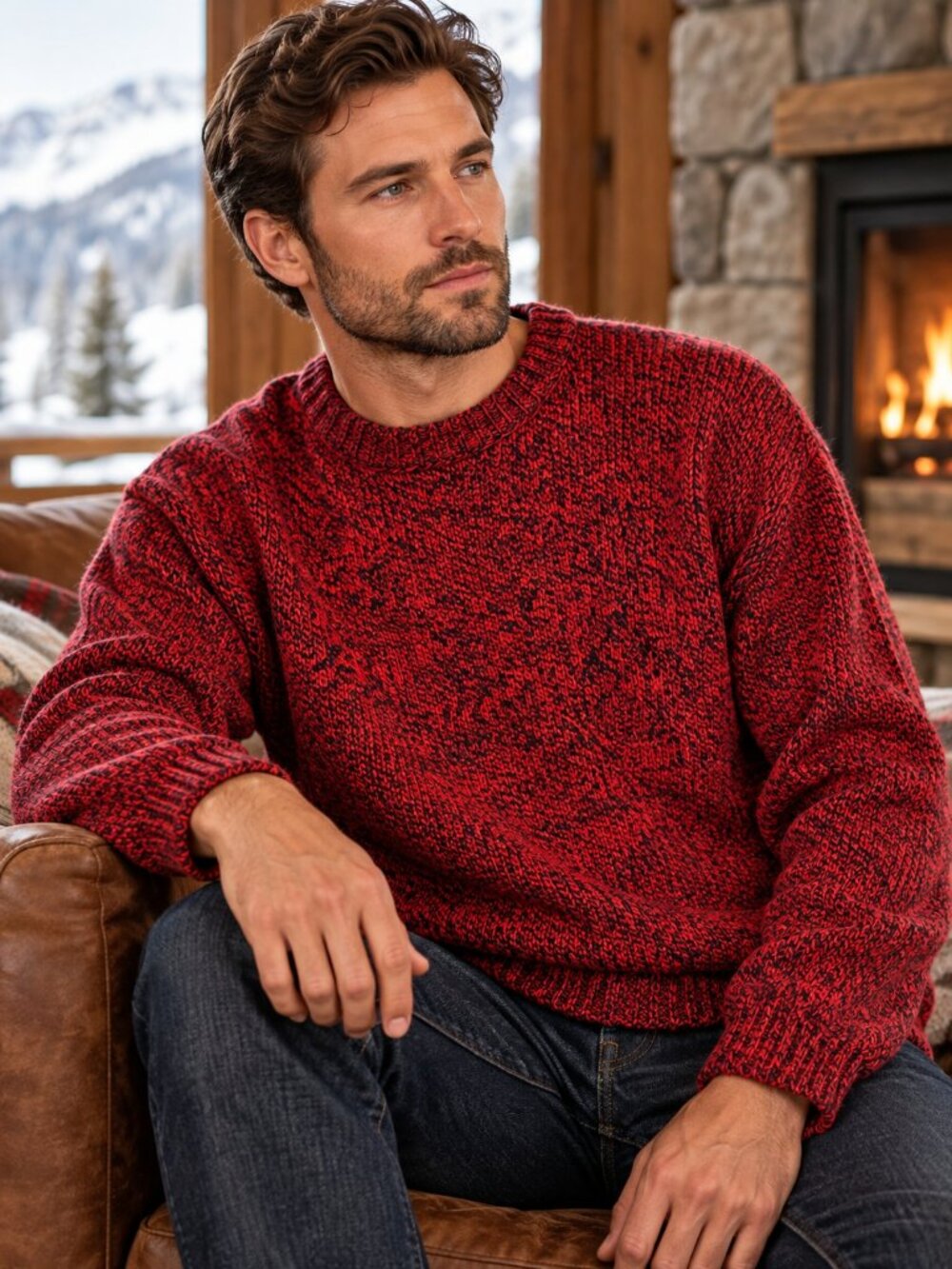 Vintage Eddie Bauer Mens XL Wool Sweater Red Black Marled Knit Crewneck 90s
